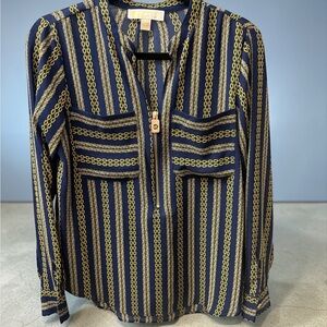 Michael Kors Navy & Gold Zip-Front Blouse with Chain Stripe
